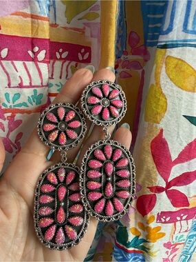 Krush Kandy Fiery Pink Opal Sterling Silver Concho Earrings Western Chic